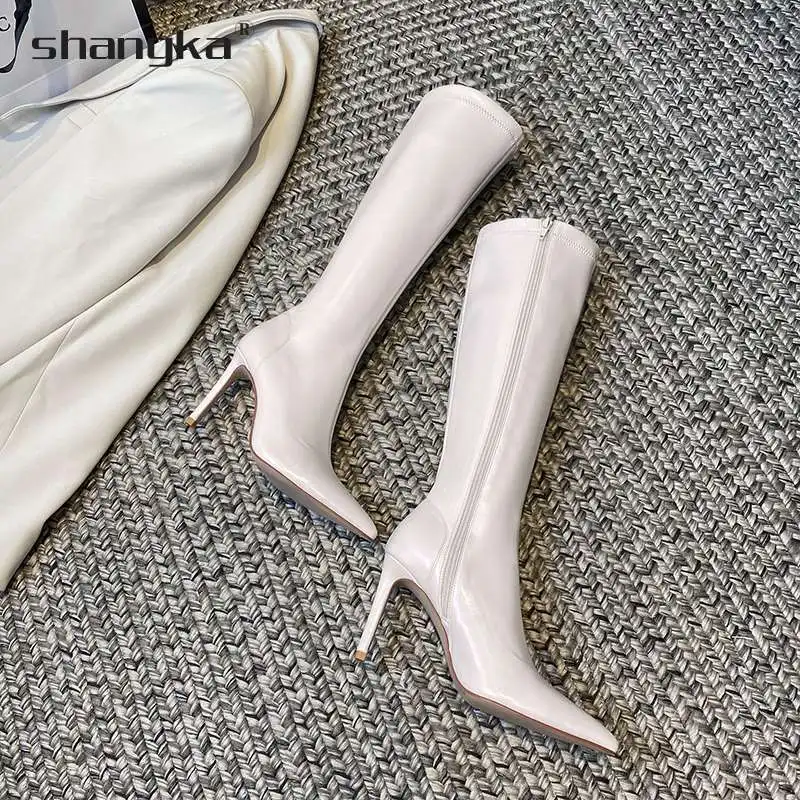 

Женские привлекательные осенне-зимние сапоги до колена, белые женские сапоги из натуральной кожи с острым носком, новинка 2022, туфли-лодочки ...