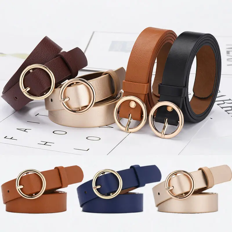 

Women Belt Classic Fashion Solid Leather Waistband Circle Buckle Wide Belt Blue Khaki Black White Champagne