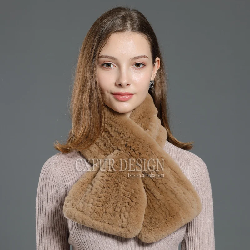 CX-S-33A Women Real Fur Handmade Scarf Knit Genuine Rex Rabbit Girls Natural Scarves Winter | Wraps