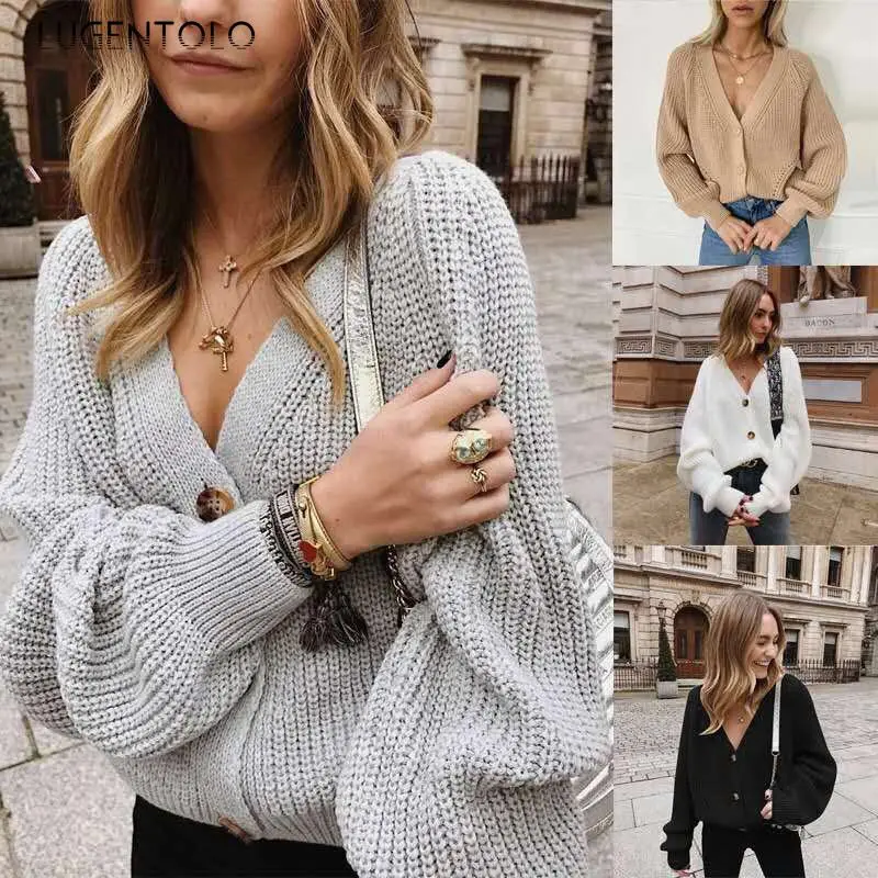 

Lugentolo Women Sweater Autumn Solid Color V-neck Button Cardigan New Korean Loose Lady Casual Knitted Simple Sweater