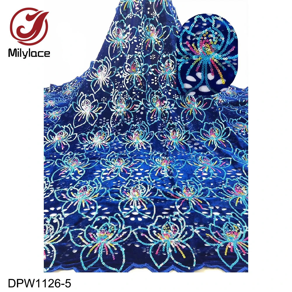 

New African velvet fabric 5 yards hollow-out velvet fabric with seuqined flower colorful sequin fabric for party wedding DPW1126