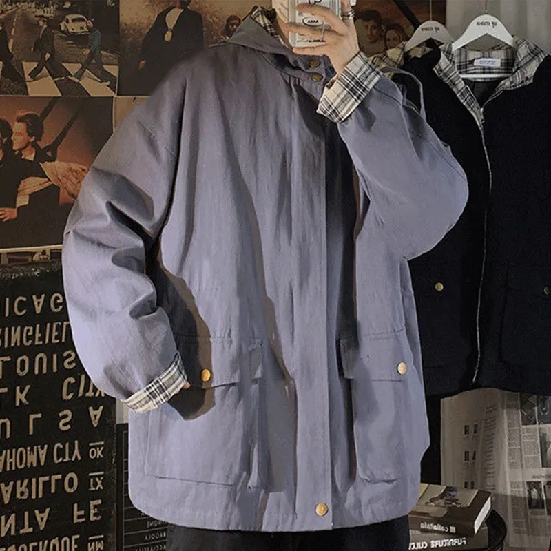 

Autumn Winter Jackets Women Hooded Harajuku Patchwork Plaid Jacket Coats Basic Couple BF High Street Cargo Coat Outwear