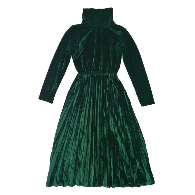 Plus Size 4XL Turtleneck Gold Velvet Dress Women Long Sleeve Autumn Winter Pleated Elegant Ladies Party Dresses C5843 | Женская одежда
