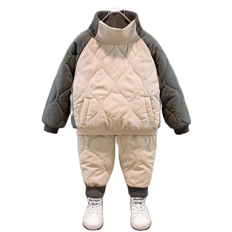 

Children Set Winter Plush Thickened Cotton 1-7Y 2021 New Splicing High Collar Pullover+Pant Boys Girls Warm Suits Kids Clothes