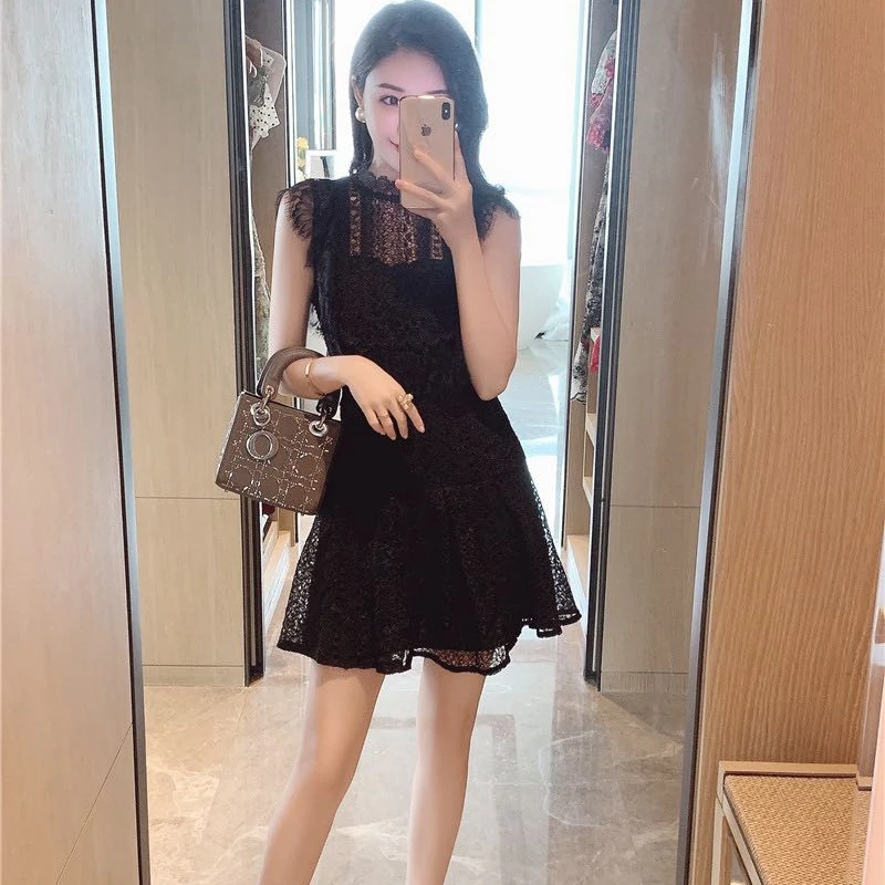 Женское кружевное платье без рукавов черное ажурное с оборками лето 2019|Женские