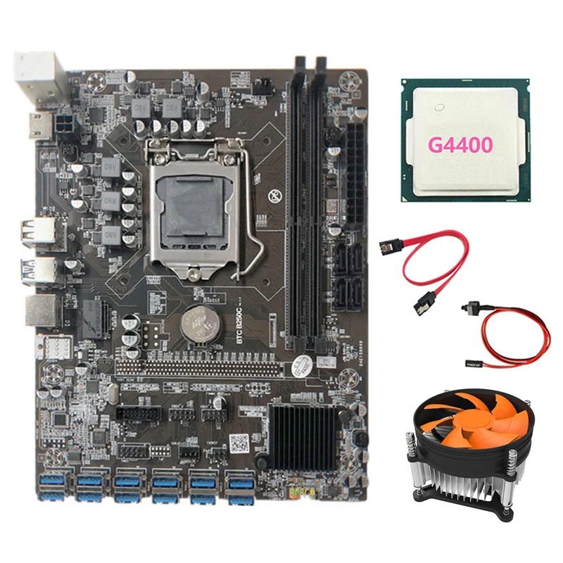 B250C Mining Motherboard with Fan+G4400 CPU+Switch Cable+SATA Cable 12 PCIE to USB3.0 GPU Slot LGA1151 Support DDR4 RAM | Компьютеры и