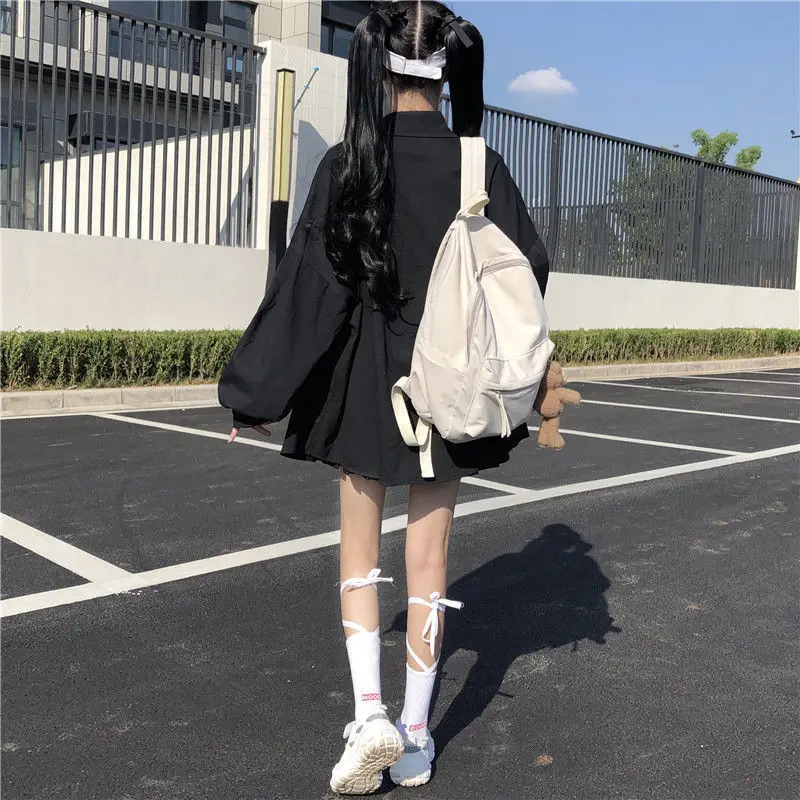 

Preppy Student Shirt Fall Spring 2021 Women Fashion Retro Vintage Jackets For Girls Lantern Sleeve Cardigan Tops White Black