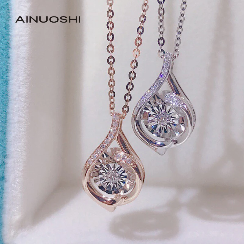 

AINUOSHI 18K Gold Round Cut 0.06ct Real Diamond Dancing Fashion Pendant Necklace Valentine's Day Women Fine Jewelry 18''