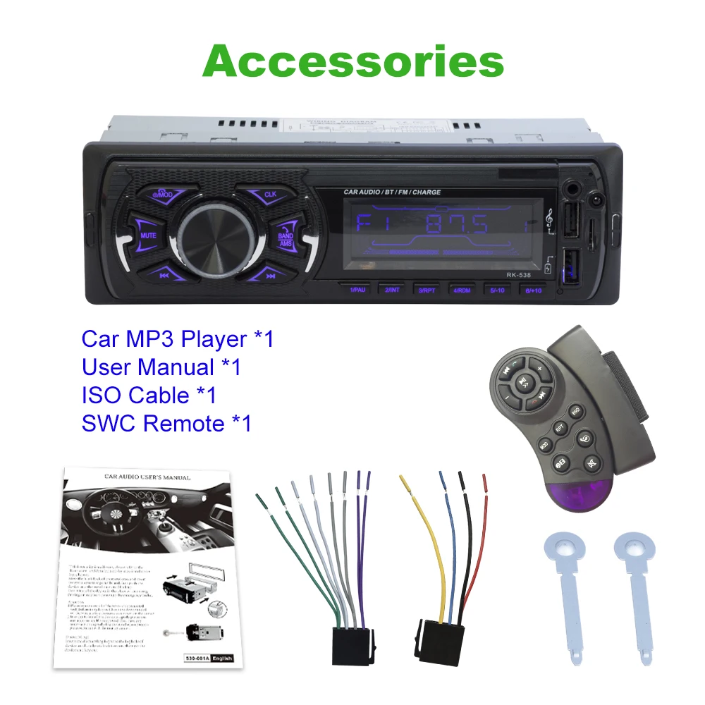 

RK-538 autoradio 1 Din Car Radio FM DC 12V Fixed panel stereo In-dash Bluetooth MP3 player USB SD Aux Input Receiver SWC remote