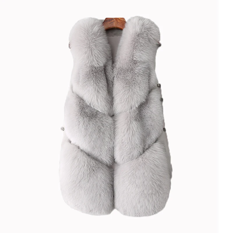 Autumn Winter Women Fashion Casual Warm Slim Sleeveless Long Faux Fox Fur Vest Pockets Jacket