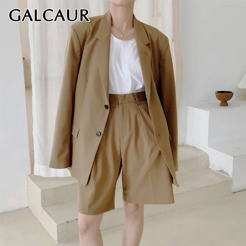 

Женский Повседневный костюм GALCAUR, однотонный костюм из двух предметов, блейзер с длинным рукавом и надрезом, с высокой талией, до колена, 2021