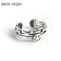 bijox story smiley face silver open ring for women real 925 sterling silver vintage geometric anniversary engagement jewelry