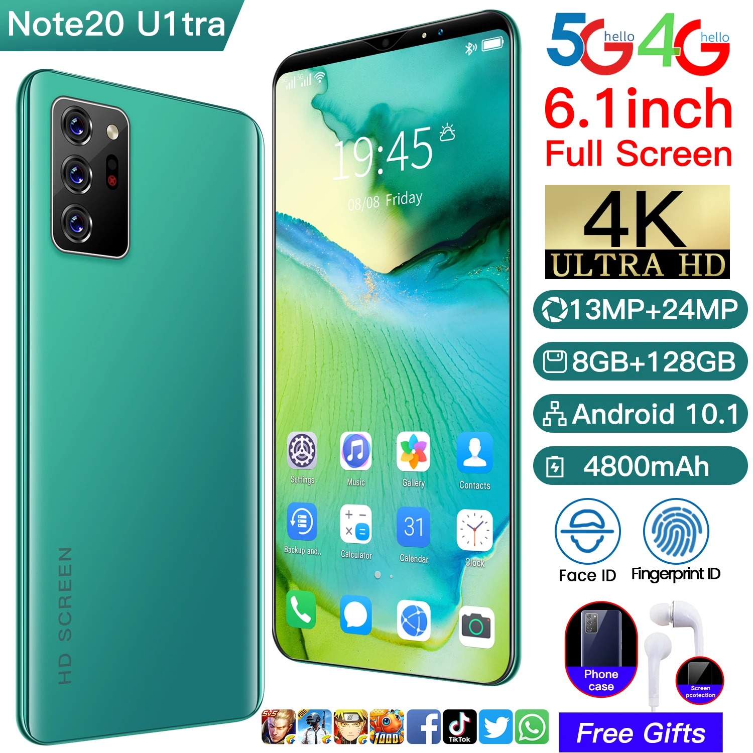 

New Arrival Note20 UItra 6.1Inch 8+128G 13MP+24MP Global Smartphone 5G Cell Phone Android 10.1 4800MAH 5G Face Fingerprint ID