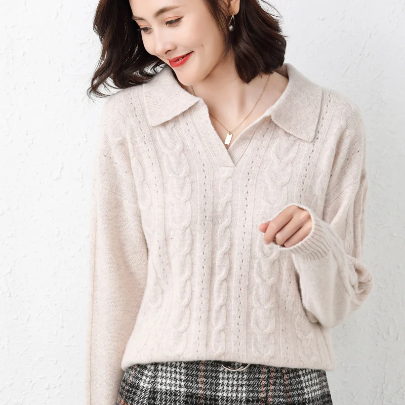 

Женский кашемировый пуловер, свободный и удобный трикотажный свитер с длинным рукавом, Осень-Зима 100%