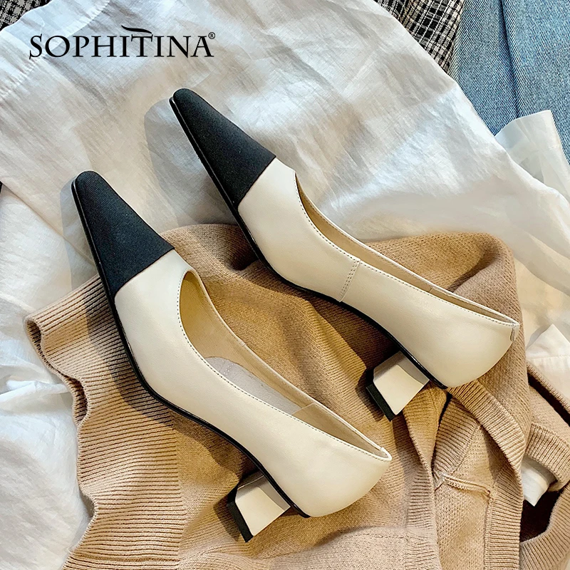

SOPHITINA Women Pumps Fashion Casual Genuine Leather Patchwork Shoes TPR Mixed Colors All-Match Concise Office Lady Shoes MO946