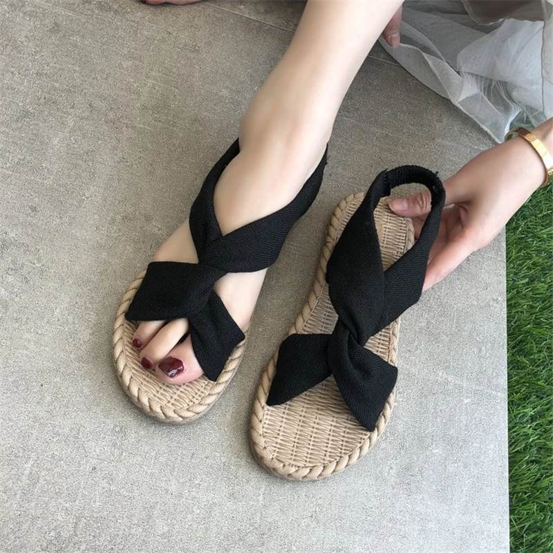 2020 New sandals women summer wear-resistant straw linen Roman comfortable elastic band cross flat bottom women's shoes | Спорт и