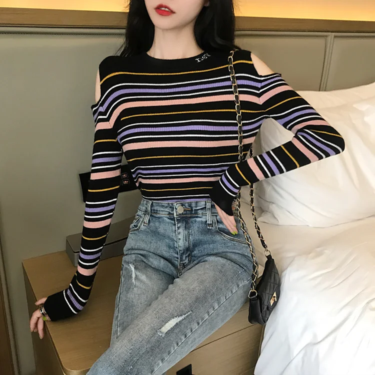 

off shoulder knitted sweaters fashion ladies o-neck long sleeve thin pullover casual style spring autumn Women's Clothing tops