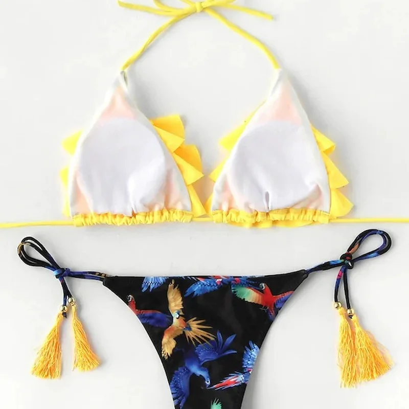 

2021 Swimsuit Speed Vintage Small Floral Printed Curling Three-Point Bikini Female Wire Free Solid 2 Piece Sets