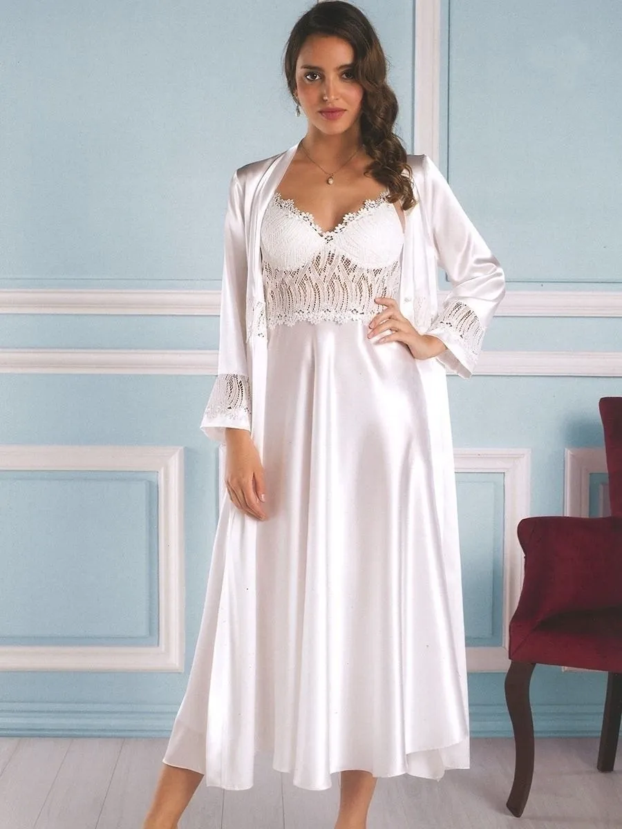 

Women's White Nightgown Dressing Gown Set Silk Satin Lace Long 6 Piece Underwear Comfortable Sleep at Home Wearable in Bed weddi