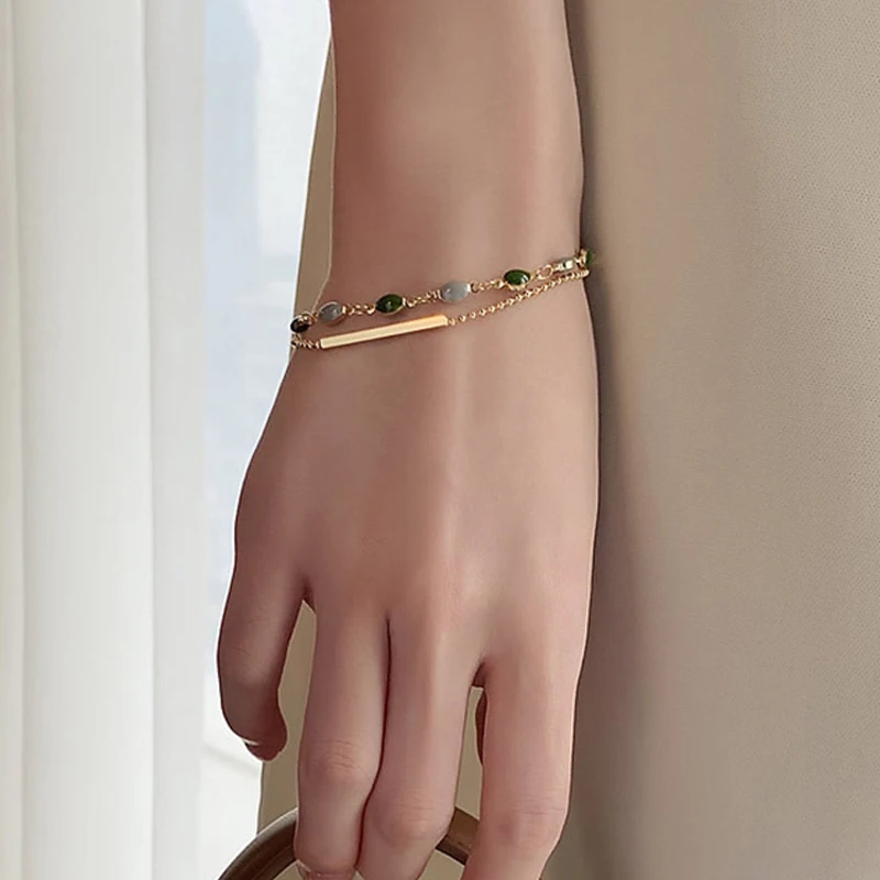 

2021 Korean Green Crystal Charm Bracelets for Women Double Layered Gold Chain Beaded Bracelet Retro Adjustable Jewelry
