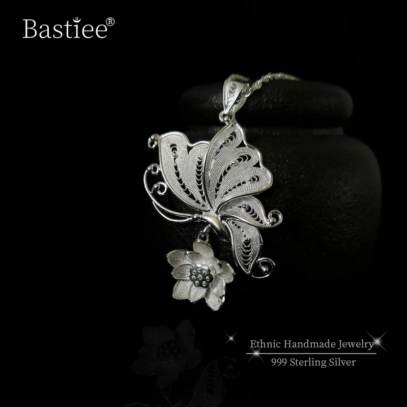 Bastiee 999 Sterling Silver Butterfly Pendant Necklace Retro Women Pendants Chakra Ethnic Handmade Luxury Jewelry Miao National