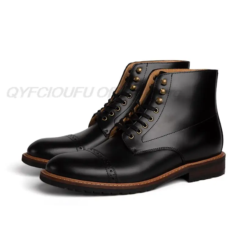 

British Style Business Genuine Leather Chelsea Boots Men Lace-up Martins Boots Fashion Vintage Handmade Ankle Boots Black