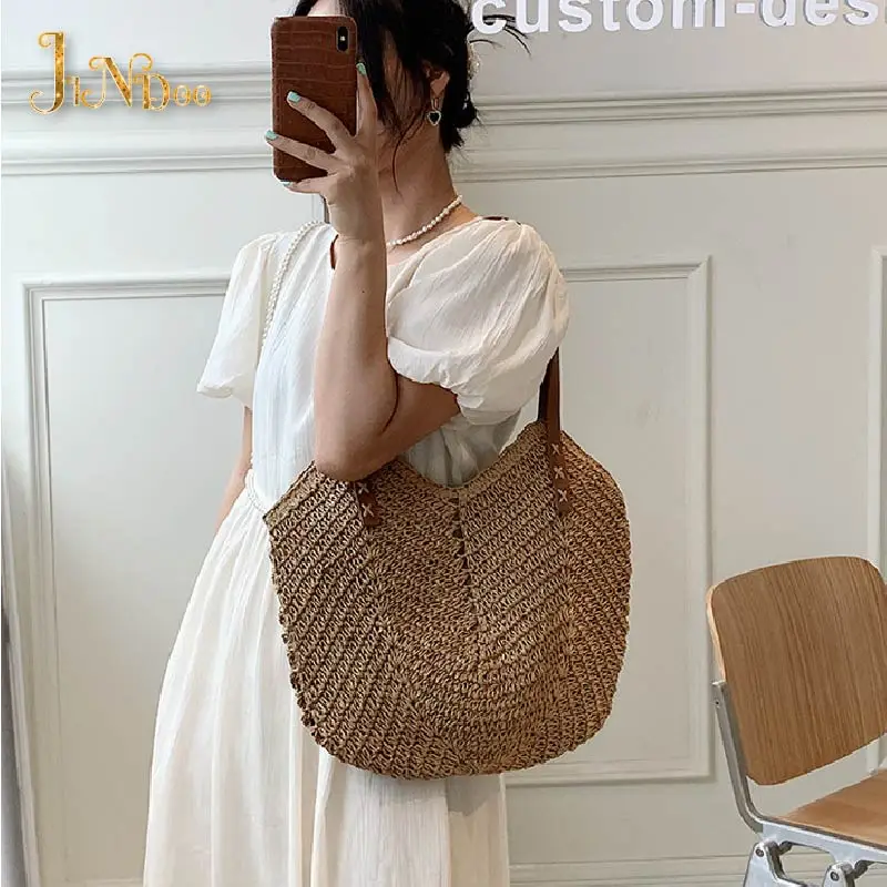 

2021 летняя Соломенная пляжная сумка-тоут, дорожная сумка-шоппер, плетеные сумки для покупок, Женская плетеная богемная сумка на плечо