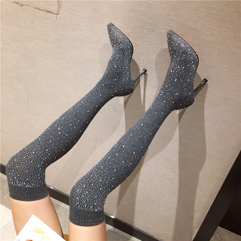 

2021 new red 9cm thin heel pointed fashion net socks women's boots diamond high heel Knee Boots