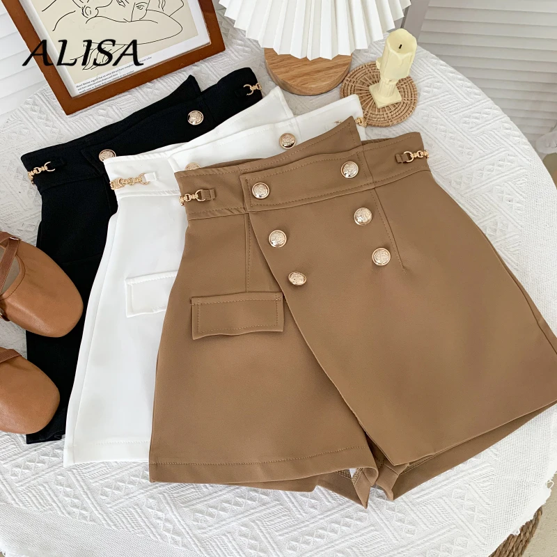 

New Women Elegant Suit Shorts High Waist Metal Chain Double-breasted Irregular Pants Wide Leg Shorts Women Casual Shorts