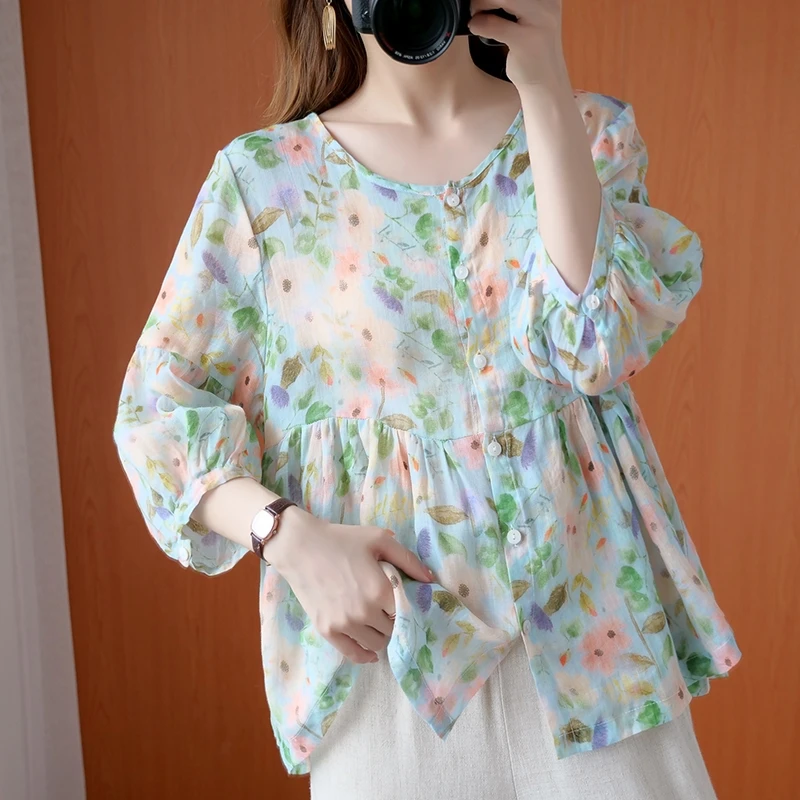 

Fresh Floral Cotton Linen Shirt Women's 2021 Summer Loose Large Size Mori Style Doll Shirt Lantern Sleeve Linen Fabric Top