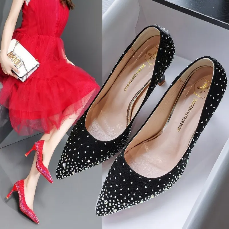 

Pointed diamond thin heel red high heels women's banquet fashion sexy wedding shoes women 2020 new summer sandals women