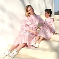 2021 silk imitation mom and daughter dress family matching outfits pink mother kids clothes girls dress mommy and me dresses