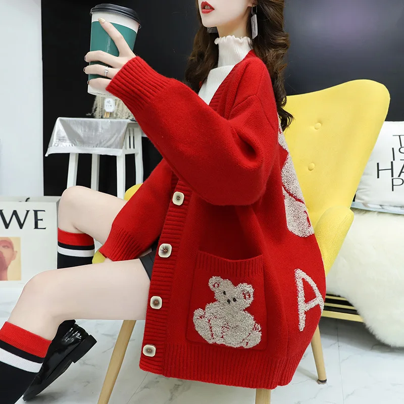 

2020 autumn/winter new fashion cardigan sweater women lazy loose knitwear autumn dress Korean version loose coat