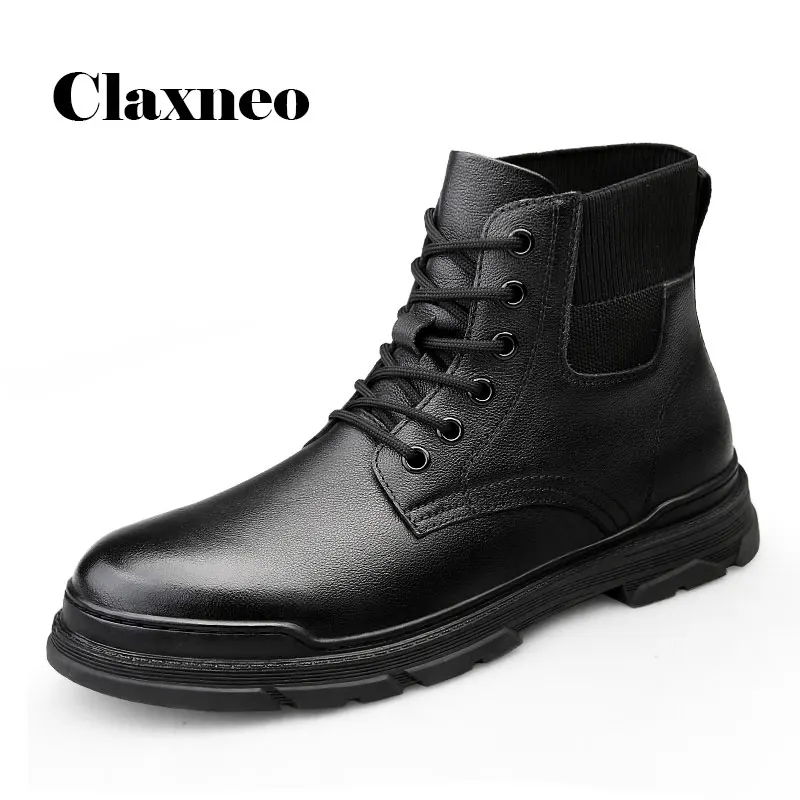 

Man Boot High Top Autumn Men's Leather Shoes Black Work Shoes Genuine Leather Male Winter Boots Plush Fur Warm Design Big Size