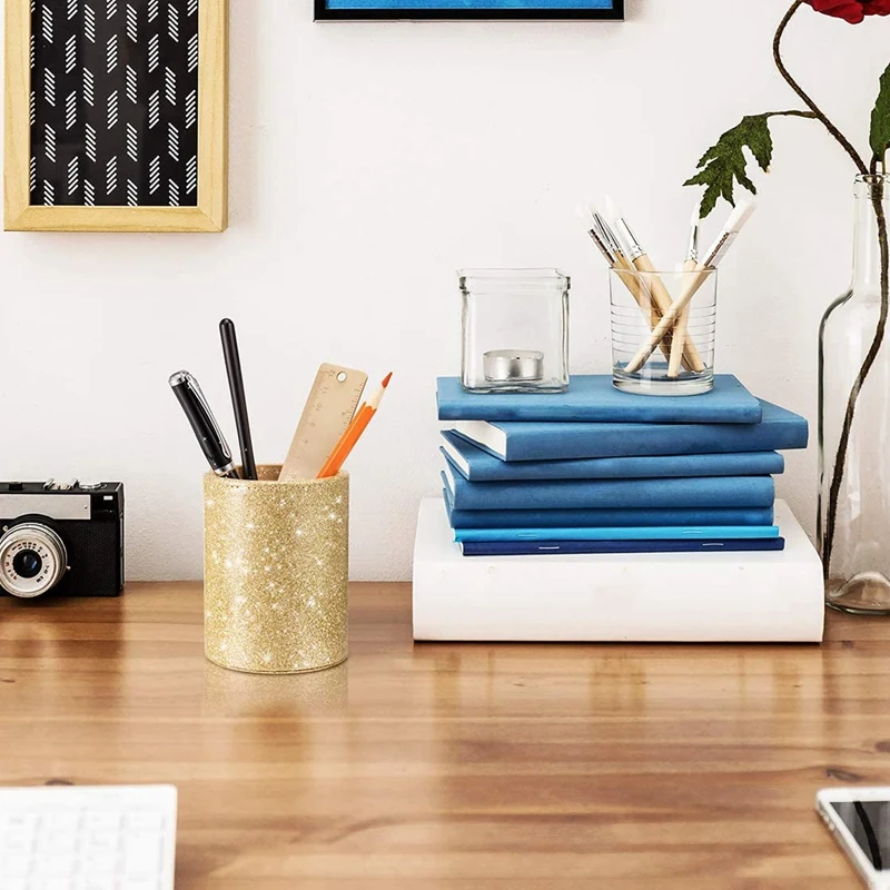 

PU Glitter Pen Holder Pencil Cup Shiny Makeup Brush Holder Organizer Cup for Desk Office Classroom Home