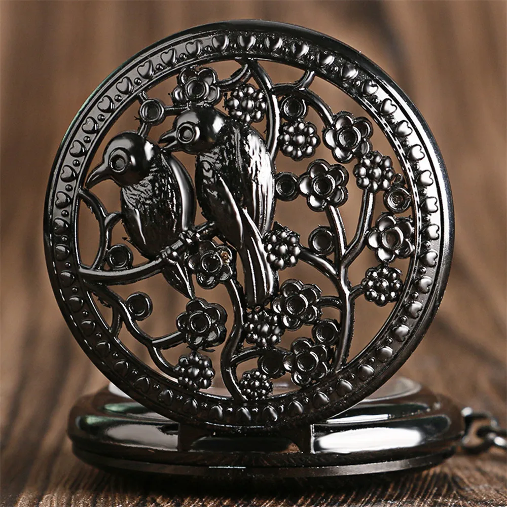 Exquisite Hollow Flower Birds Manual Mechanical Pocket Watch Vintage Black Pocket Chain Antique Pocket Timepiece Gifts Male