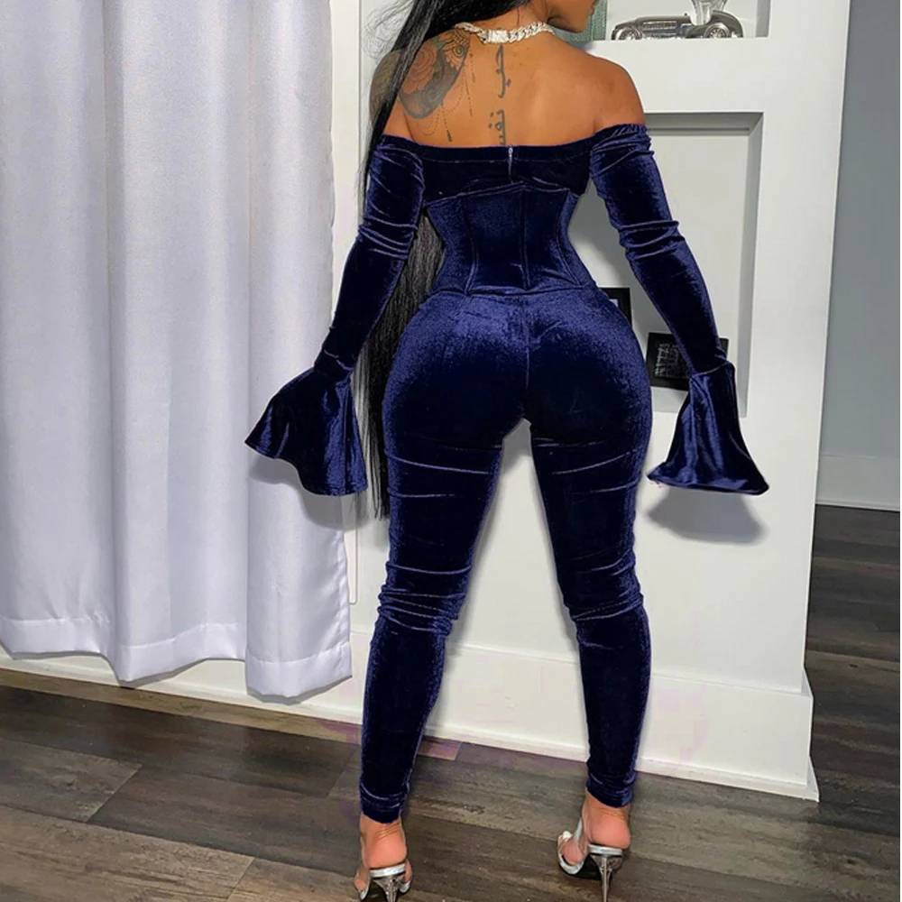 

Autumn women Solid Color Off Shoulder Flare Long Sleeve Bodycon Jumpsuit Sexy Club Night Party Romper Playsuit Outfit