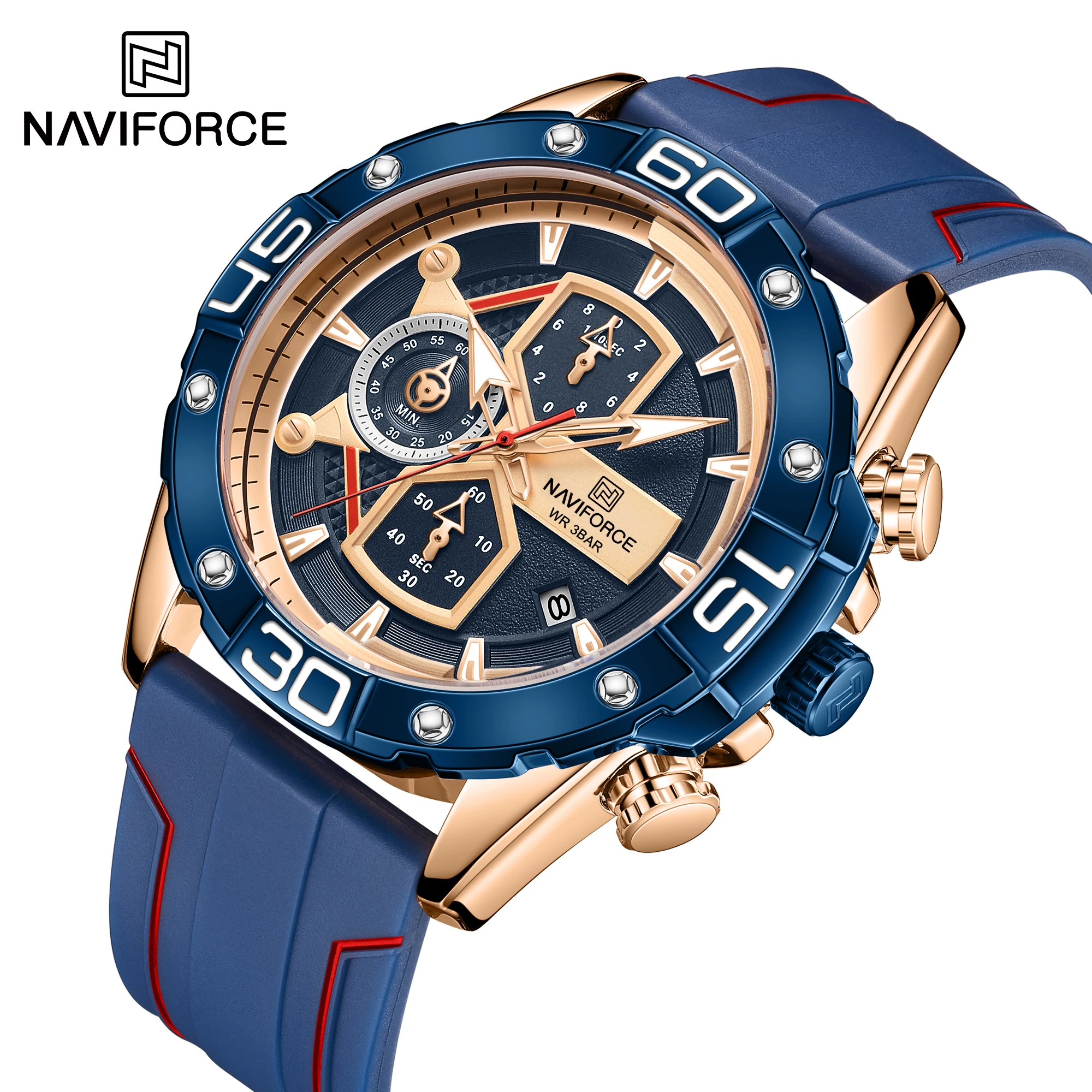

Часы NAVIFORCE мужские, спортивные, синие, водонепроницаемые, с кожаным ремешком, с датой, 2021