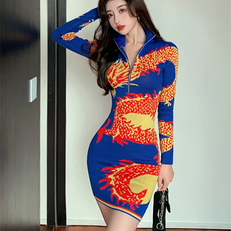 Женское трикотажное платье-свитер с высоким воротником на молнии - купить по