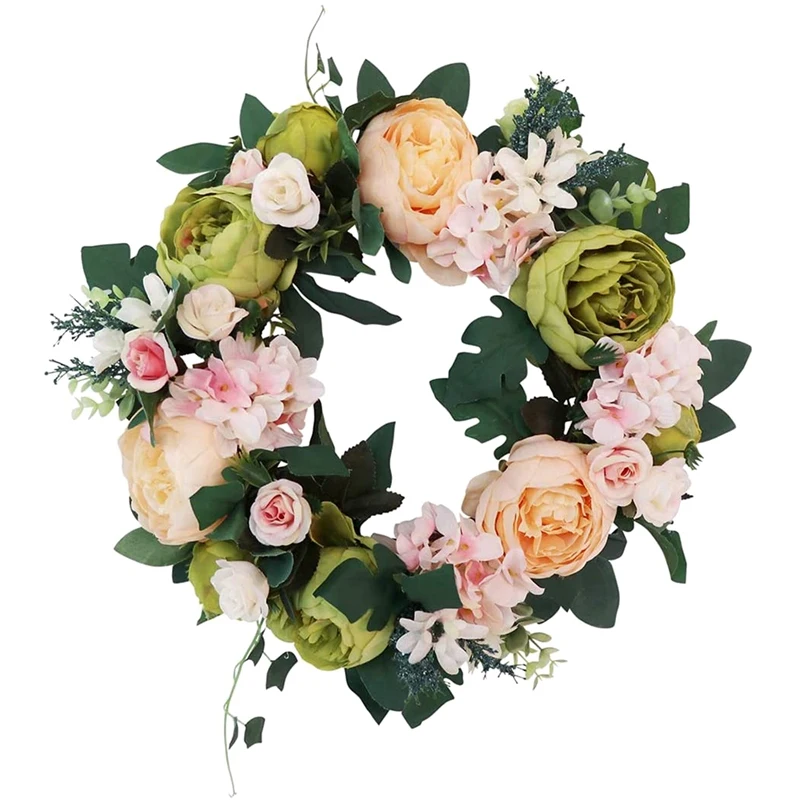 

Artificial Flowers Peony Wreath - with Peony and Green Leaves for Front Door Office Wall Garden Wedding Festival Decor