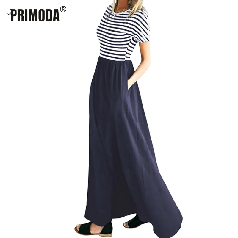 Женское длинное платье Boho летнее Полосатое Макси с коротким рукавом и круглым