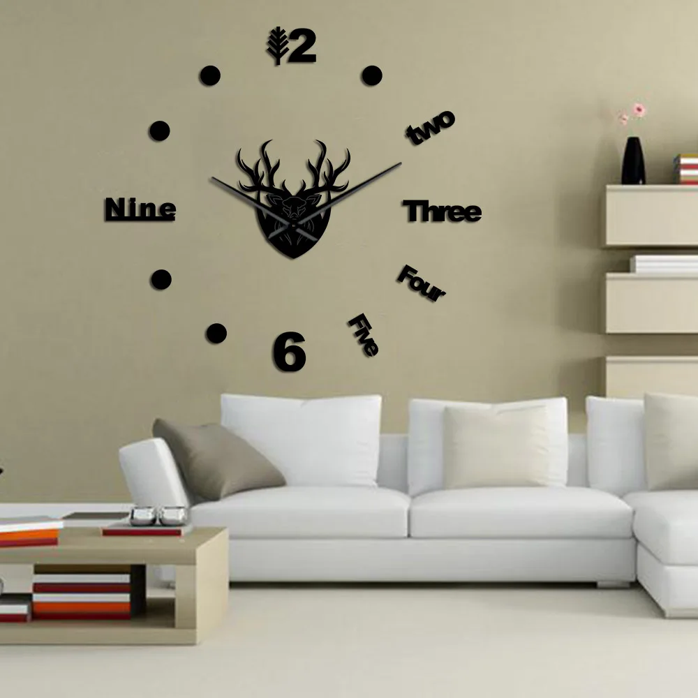 Большие настенные часы с зеркальными наклейками в виде головы оленя и лося | Дом
