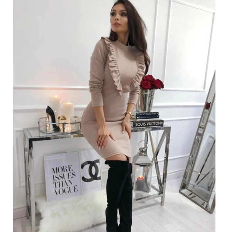 Женское платье с длинным рукавом круглым вырезом и оборками | Женская одежда