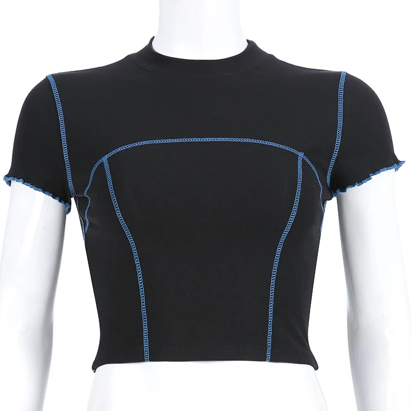 Черная футболка женская плотная контрастная шва хлопок ребра Повседневная