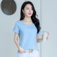 2021 spring summer new short sleeve t shirt female v shirt half sleeve button loose large cotton comfortable top 6916