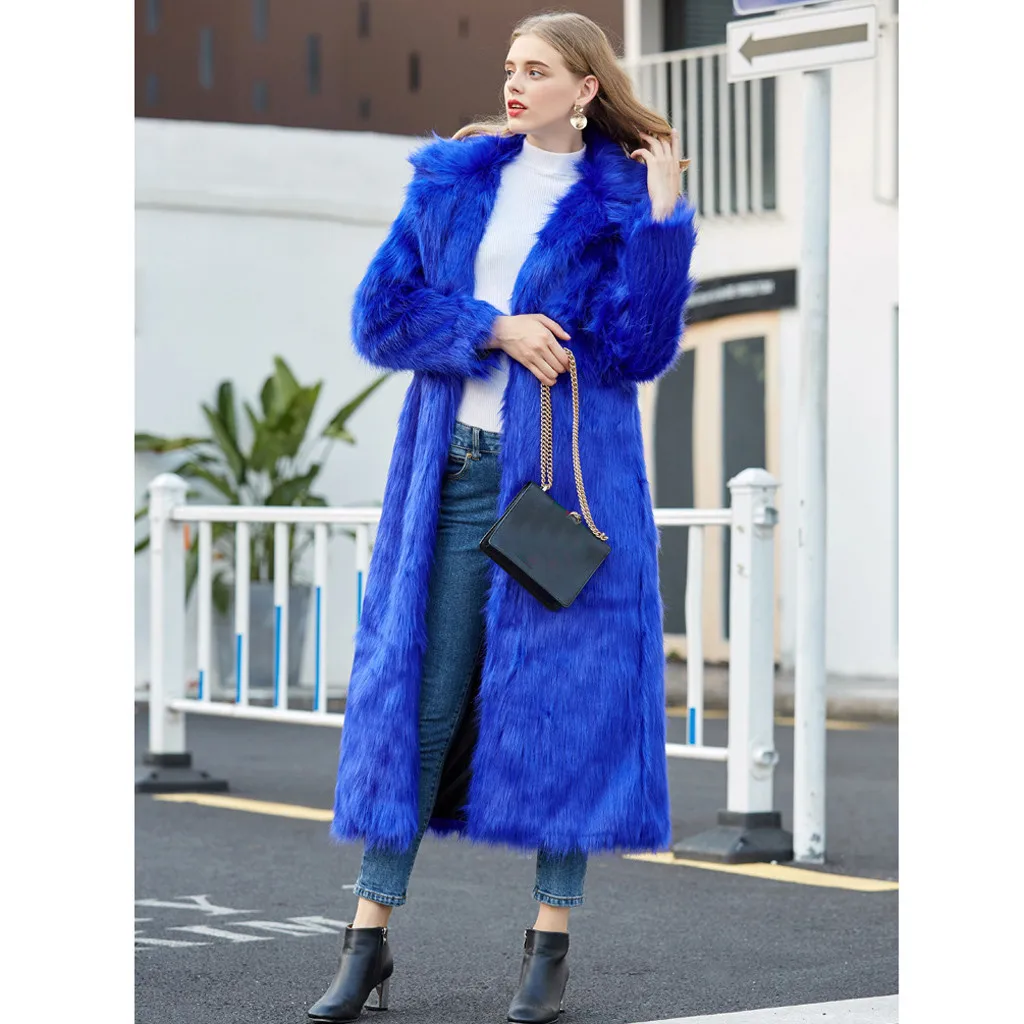 Ladies Faux Fur Wool Lamb Long Coat Fashion Women Outwear Long Sleeves Warm Coat Plush Jacket Long Overcoat Solid Plus Size