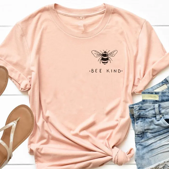 

Women Bee Kind Harmonious Summer Funny Hipster Graphics Top Tee Ladies Aesthetic Floral Slogan Casual Crew Neck T-Shirt