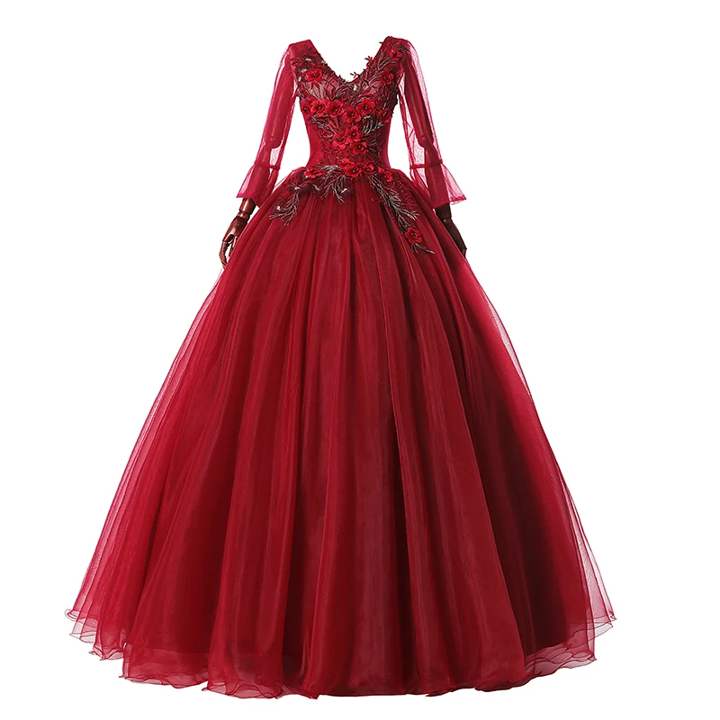 

Quinceanera Dresses 2021 New Wine Red Full Sleeve Elegant V-neck Robe De Bal Party Prom Ball Gown Formal Vestido De Quincenera
