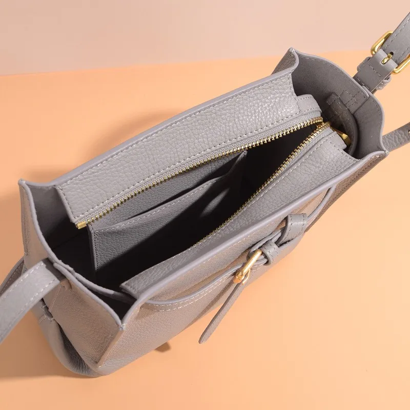 

Leisure Women Genuine Leather Brand Handbag Solid Color Bucket Bag Fashion Single Crossbody Bags Zipper Female Messenger Bags