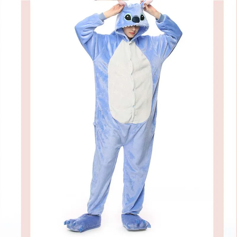 Blue Cartoon Animal One-Piece Pajamas For Adult Winter Flannel Women Home Hooded Onesies Cosplay Christmas Halloween Costume